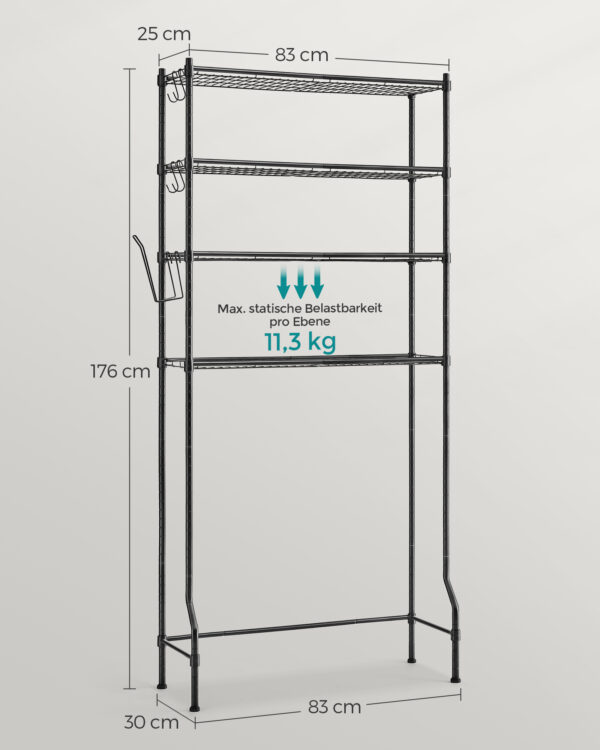 Armazenamento sobre o vaso sanitário,4 níveis , prateleira de armazenamento de metal, ajustáveis, 4 ganchos, suporte de rolo, organizador de prateleira de armazenamento de banheiro que economiza espaço, 30 x 83 x 176 cm, preto - Image 5