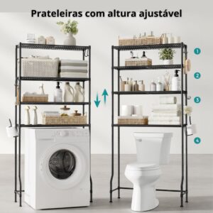 Armazenamento sobre o vaso sanitário,4 níveis , prateleira de armazenamento de metal, ajustáveis, 4 ganchos, suporte de rolo, organizador de prateleira de armazenamento de banheiro que economiza espaço, 30 x 83 x 176 cm, preto