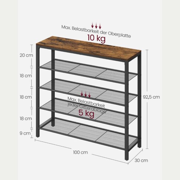Sapateira VASAGLE, organizador de armazenamento de sapatos com 4 prateleiras de malha e grande superfície para bolsas, prateleira de sapatos para entrada, corredor, armário, estrutura de aço, industrial, marrom rústico e preto LBS15BX - Image 3