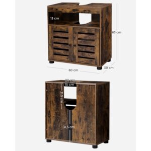 Gabinete sob a pia, móvel de banheiro, armário de armazenamento, 60 x 30 x 63 cm, com 2 portas de venezianas, prateleira ajustável, marrom rústico BBK04BX