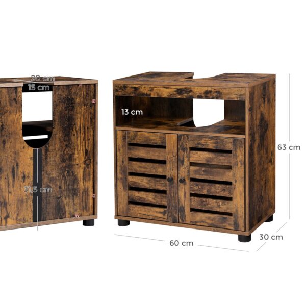 Gabinete sob a pia, móvel de banheiro, armário de armazenamento, 60 x 30 x 63 cm, com 2 portas de venezianas, prateleira ajustável, marrom rústico BBK04BX - Image 5