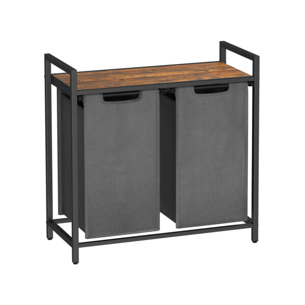 Cesto de roupa suja, Cesto de roupa suja com 2 compartimentos, Tecido Oxford, Sacos de lavagem removíveis e extraíveis, Estrutura de metal, 2 x 46L, 73 x 33 x 72 cm, Marrom rústico e cinza BLH201G01 - Image 3