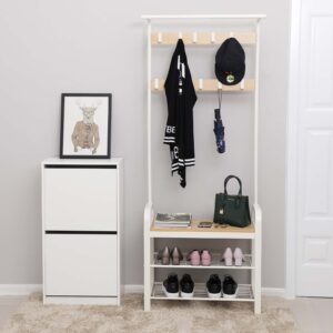 Cabide VASAGLE, cabideiro com banco para sapatos, design 4 em 1, com 9 ganchos removíveis, um varão para roupas, para corredor, entrada, 33,7 x 77 x 183 cm, moderno, carvalho e creme HSR40W