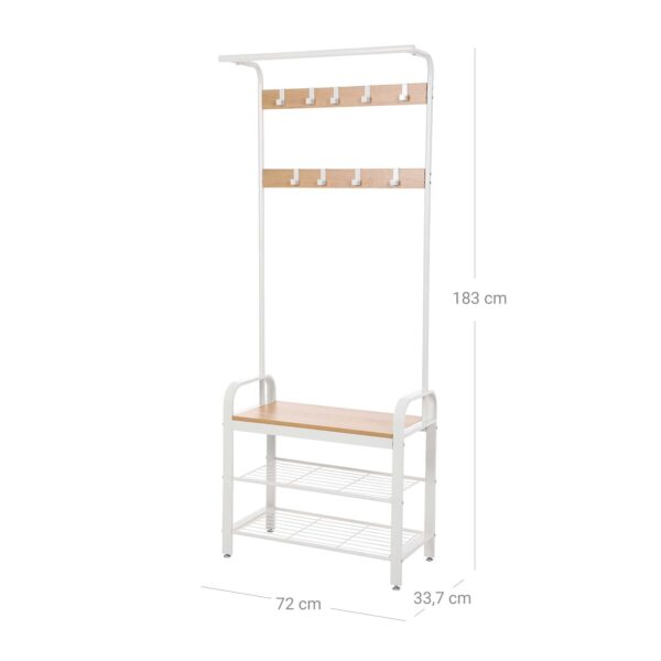 Cabide VASAGLE, cabideiro com banco para sapatos, design 4 em 1, com 9 ganchos removíveis, um varão para roupas, para corredor, entrada, 33,7 x 77 x 183 cm, moderno, carvalho e creme HSR40W - Image 6