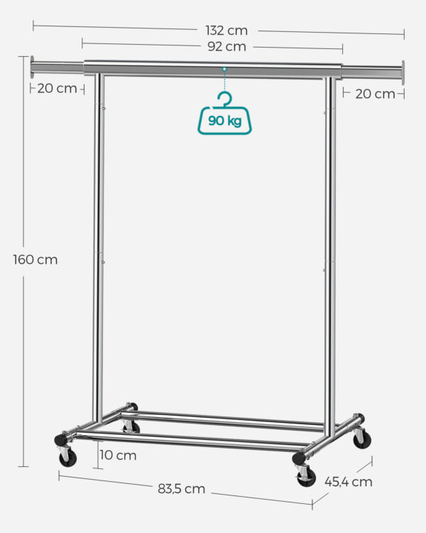 Cabideiro SONGMICS sobre rodas, suporte para roupas resistente, com trilho extensível para pendurar, capacidade de carga de 90 kg, fácil montagem, portátil, prata HSR13S - Image 7