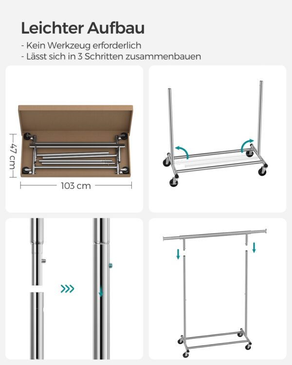 Cabideiro SONGMICS sobre rodas, suporte para roupas resistente, com trilho extensível para pendurar, capacidade de carga de 90 kg, fácil montagem, portátil, prata HSR13S - Image 8