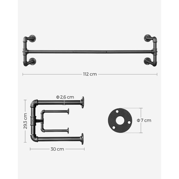 Cabideiro de parede SONGMICS, conjunto de 2, barra para pendurar roupas de tubo industrial, economiza espaço, 110 x 30 x 29,3 cm, cada um suporta até 60 kg, para espaços pequenos, preto HSR64BK-02 - Image 4