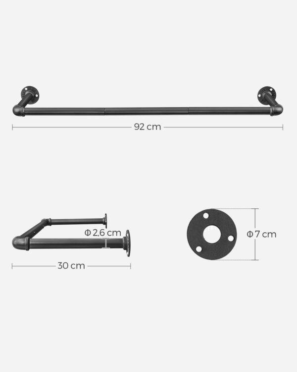 Cabides de parede, conjunto de 2, cabides de tubo industrial para roupas, economizador de espaço, resistente, 92 x 30 x 7,5 cm, para espaços pequenos, preto HSR67BK02 - Image 9