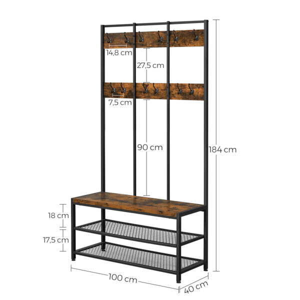 Cabideiro grande, cabideiro com 12 ganchos e sapateira em design industrial, cabideiro, prateleira multifuncional para corredor, escritório, quarto, marrom rústico e preto HSR86BX - Image 3