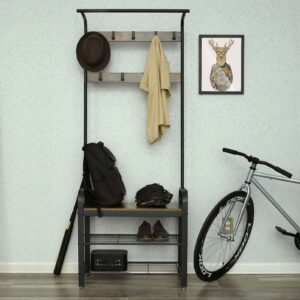 Cabide VASAGLE, cabideiro com banco para sapatos, design 4 em 1, com 9 ganchos removíveis, um varão para roupas, para corredor, entrada, 33,7 x 77 x 183 cm, industrial, marrom rústico e preto HSR40B