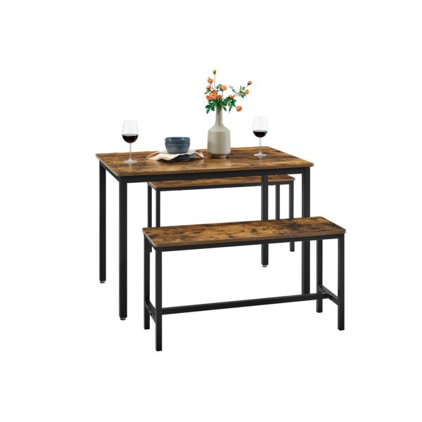 Mesa de jantar  com 2 bancos, conjunto de 3 peças, mesa de cozinha de 110 x 70 x 75 cm, 2 bancos de 97 x 30 x 50 cm cada, estrutura de aço, design industrial, marrom rústico e preto KDT070B01 - Image 3