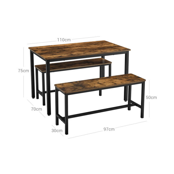 Mesa de jantar  com 2 bancos, conjunto de 3 peças, mesa de cozinha de 110 x 70 x 75 cm, 2 bancos de 97 x 30 x 50 cm cada, estrutura de aço, design industrial, marrom rústico e preto KDT070B01 - Image 5