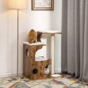 Árvore para gatos FEANDREA de 86 cm, torre média para gatos com 3 camas e caverna, condomínio para gatos feito de MDF com folheado de madeira, poste de sisal e pele sintética lavável, vintage, marrom rústico e branco PCT70HW