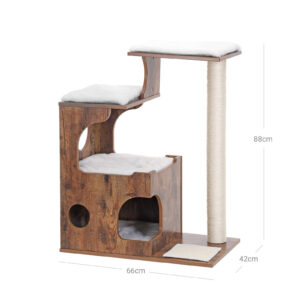 Árvore para gatos FEANDREA de 86 cm, torre média para gatos com 3 camas e caverna, condomínio para gatos feito de MDF com folheado de madeira, poste de sisal e pele sintética lavável, vintage, marrom rústico e branco PCT70HW