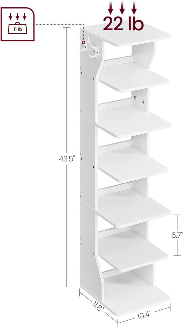 Sapateira vertical de 7 níveis, organizador estreito de armazenamento de sapatos com ganchos, estante de madeira delgado para sapatos, robusto e duradero, ahorro de espaço para entrada e dormitório, branco LBS200T14V1 - Image 3