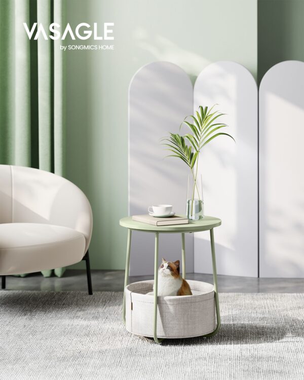 Mesa lateral redonda pequena, mesa de cabeceira moderna com cesto de tecido, mesa de cabeceira para sala de estar, quarto, verde louro e branco creme LET223C69