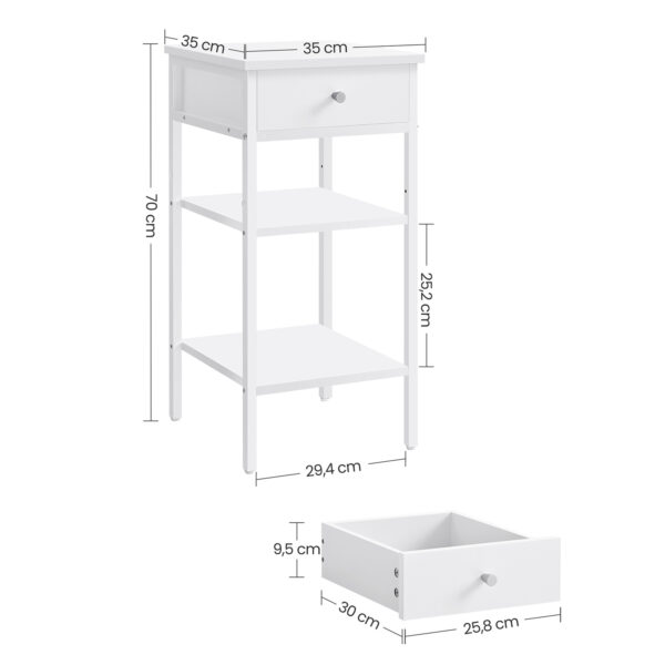 Mesa de cabeceira VASAGLE, mesa lateral, mesa de cabeceira alta com uma gaveta e 2 prateleiras de armazenamento, economia de espaço, mesa de canto industrial, branco rústico LET502B14 - Image 10