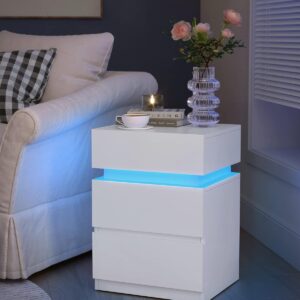 Mesa de cabeceira VASAGLE, com faixa de LED multicolorida ajustável, 3 gavetas, mesa lateral de estilo moderno, 35 x 40 x 55 cm, branco LET630T10