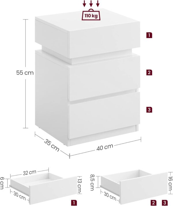 Mesa de cabeceira VASAGLE, com faixa de LED multicolorida ajustável, 3 gavetas, mesa lateral de estilo moderno, 35 x 40 x 55 cm, branco LET630T10 - Image 4