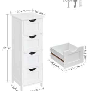 VASAGLE LHC40W, Móvel de casa de banho com 4 gavetas, cómoda, 30 x 30 x 82 cm, para sala de estar, cozinha e corredor, economizador de espaço, branco