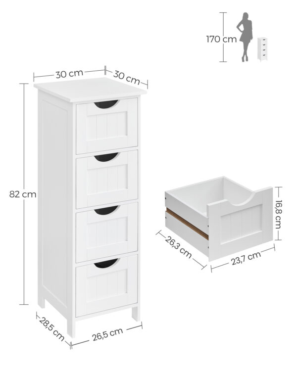 VASAGLE LHC40W, Móvel de casa de banho com 4 gavetas, cómoda, 30 x 30 x 82 cm, para sala de estar, cozinha e corredor, economizador de espaço, branco - Image 2