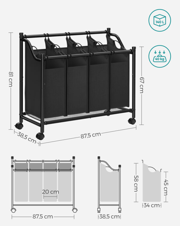 Separador de roupas com rodinhas, Cesto de roupas com 4 sacos removíveis, Cesto de roupas, Carrinho de roupas, para lavanderia, quarto, banheiro, 4 x 35L, Preto LSF005 - Image 12