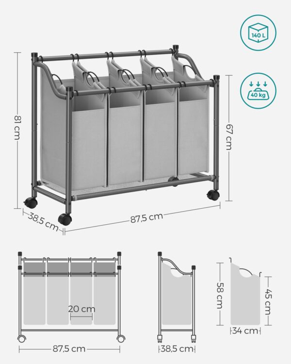 Separador de roupas com rodinhas, Cesto de roupas com 4 sacos removíveis, Cesto de roupas, Carrinho de roupas, para lavanderia, quarto, banheiro, 4 x 35L, cinza LSF005GS - Image 8