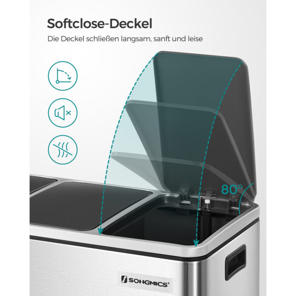 Lixeira de reciclagem, 3 x 18 L, lixeira de cozinha tripla, lixeira de pedal de 3 compartimentos com tampas de fechamento suave, baldes internos de plástico e alças, prata e preto LTB54NL - Image 2