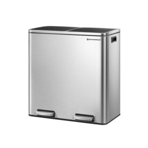 Lixeira Dupla, 2 x 30 L Lixeira de Cozinha com Compartimento Duplo e 15 Sacos de Lixo, Lixeira de Pedal de Metal com Baldes Internos de Plástico e Tampas, Fechamento Suave, Selo de Odores, Prata e Preto LTB60NL