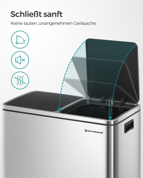 Lixeira Dupla, 2 x 30 L Lixeira de Cozinha com Compartimento Duplo e 15 Sacos de Lixo, Lixeira de Pedal de Metal com Baldes Internos de Plástico e Tampas, Fechamento Suave, Selo de Odores, Prata e Preto LTB60NL - Image 4