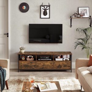 Armário de TV para TV de até 65 polegadas, mesa de TV com 3 gavetas e 3 prateleiras abertas, 40 x 147 x 50 cm, para sala de estar, quarto, estrutura de aço, marrom rústico e preto LTV301B01