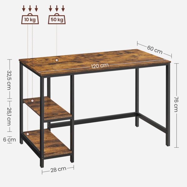 Mesa de computador VASAGLE, escrivaninha com 2 prateleiras à esquerda ou à direita, mesa de trabalho para escritório, sala de estar, estrutura de aço, industrial, marrom rústico e preto LWD47X - Image 5