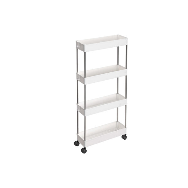 Carrinho de armazenamento de 4 níveis sobre rodas, unidade de armazenamento de plástico, organizador de prateleiras que economiza espaço para espaços pequenos, banheiro e cozinha, 40 x 12,5 x 88 cm, branco KSC08WT - Image 9