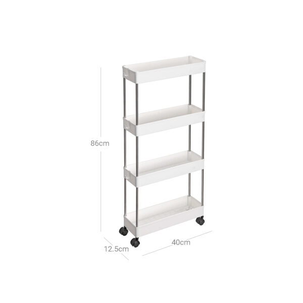 Carrinho de armazenamento de 4 níveis sobre rodas, unidade de armazenamento de plástico, organizador de prateleiras que economiza espaço para espaços pequenos, banheiro e cozinha, 40 x 12,5 x 88 cm, branco KSC08WT - Image 8