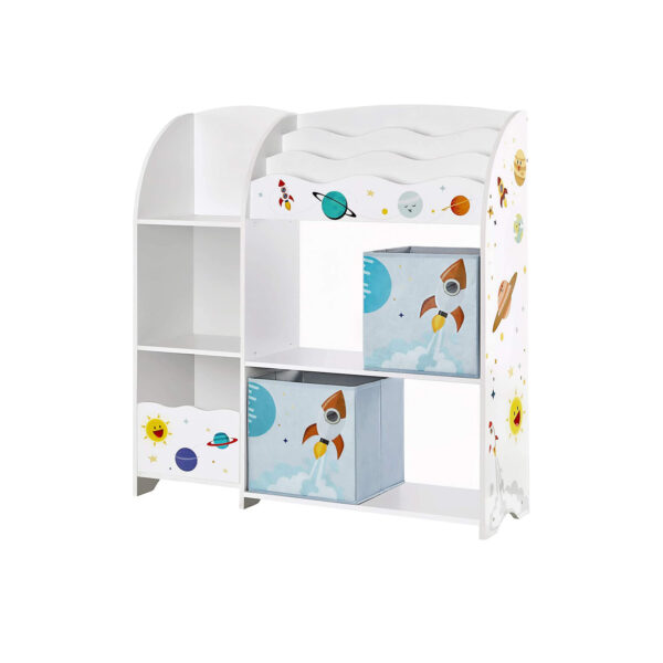 Organizador de brinquedos e livros para crianças, unidade de armazenamento multifuncional com 2 caixas de armazenamento, alta capacidade, tema universal, para sala de jogos, quarto, sala de estar, branco GKR42WT - Image 6