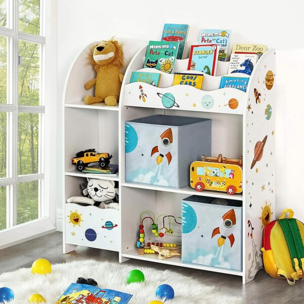 Organizador de brinquedos e livros para crianças, unidade de armazenamento multifuncional com 2 caixas de armazenamento, alta capacidade, tema universal, para sala de jogos, quarto, sala de estar, branco GKR42WT