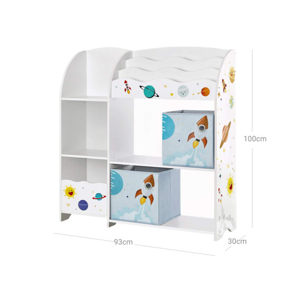 Organizador de brinquedos e livros para crianças, unidade de armazenamento multifuncional com 2 caixas de armazenamento, alta capacidade, tema universal, para sala de jogos, quarto, sala de estar, branco GKR42WT - Image 4