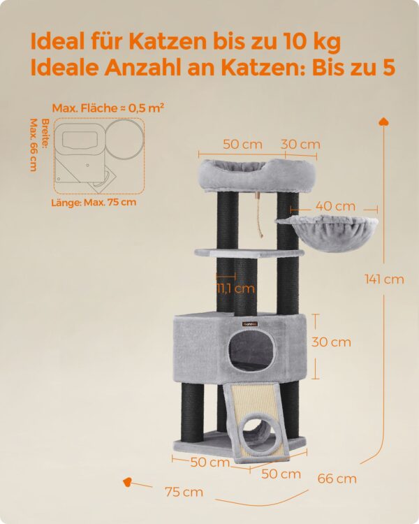 Árvore para gatos FEANDREA, torre grande para gatos com poleiro de pelúcia fofa, condomínio para gatos com espreguiçadeira de cesta e caverna de carinho, postes extra grossos completamente envoltos em sisal preto, estável, confortável, cinza claro PCT02W - Image 7