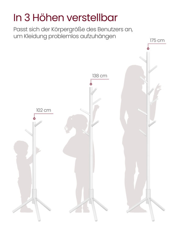 Cabide de pé, cabideiro de madeira maciça, cabideiro em formato de árvore com 8 ganchos, 3 opções de altura, para roupas, chapéus, bolsas, para sala de estar, quarto, escritório em casa, branco RCR04WT - Image 9