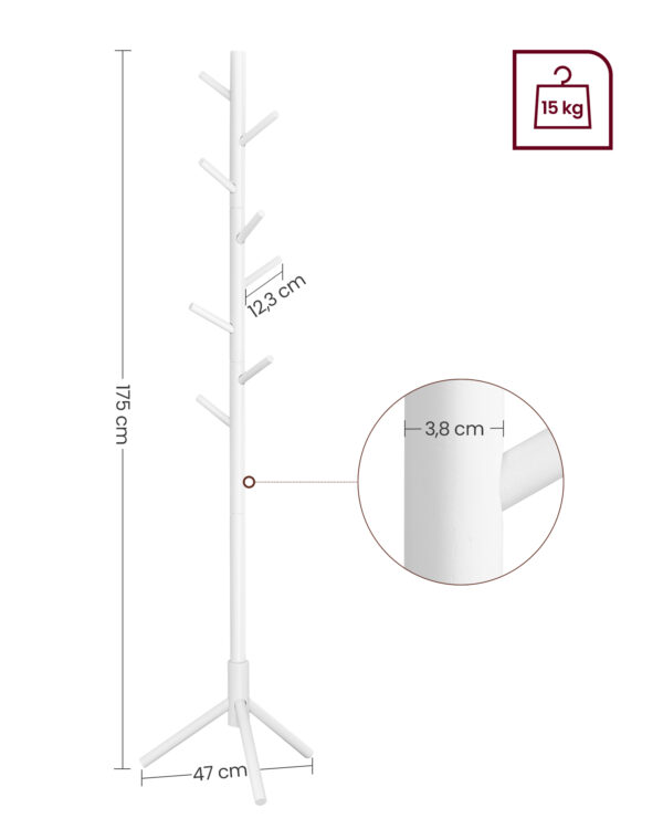 Cabide de pé, cabideiro de madeira maciça, cabideiro em formato de árvore com 8 ganchos, 3 opções de altura, para roupas, chapéus, bolsas, para sala de estar, quarto, escritório em casa, branco RCR04WT - Image 8