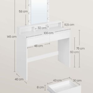 Penteadeira TOUCADOR, luz LED com brilho ajustável, mesa de maquiagem com espelho, 2 gavetas e 3 compartimentos, estação de maquiagem, moderna, branca RDT164W01