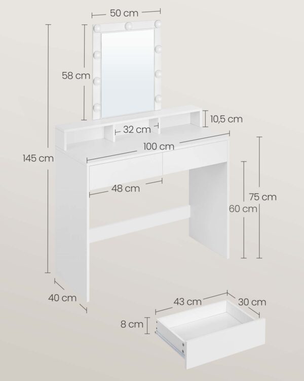 Penteadeira TOUCADOR, luz LED com brilho ajustável, mesa de maquiagem com espelho, 2 gavetas e 3 compartimentos, estação de maquiagem, moderna, branca RDT164W01 - Image 2