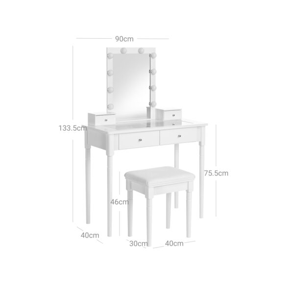 Conjunto de penteadeira , banco acolchoado e 10 lâmpadas reguláveis, 2 gavetas grandes e 2 pequenas, tampo de mesa de vidro temperado transparente, ideia de presente, branco RDT172W01 - Image 2