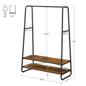 Cabideiro Resistente com 2 Prateleiras, 6 Ganchos S e Estrutura de Aço para Quarto, Industrial, Marrom Rústico e Preto RGR112B01