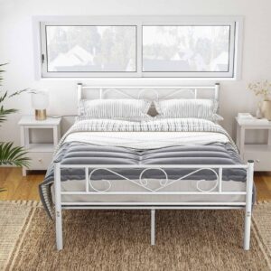 Estrutura de cama de casal Estrutura de cama de metal para colchão de 140 x 190 cm, cama de hóspedes, adultos, crianças, fácil montagem, espaços pequenos, branco