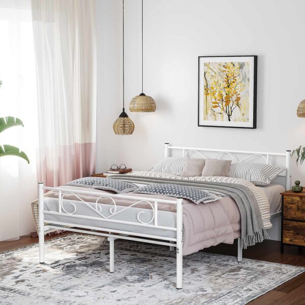 Estrutura de cama de casal Estrutura de cama de metal para colchão de 140 x 190 cm, cama de hóspedes, adultos, crianças, fácil montagem, espaços pequenos, branco