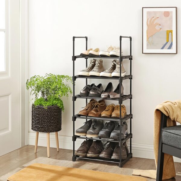 Sapateira de 6 níveis, organizador de sapatos de ferro, design personalizável, prateleira versátil e que economiza espaço, para entrada, sala de estar, quarto, cozinha, 45 x 30 x 106 cm, preto LSA23BK