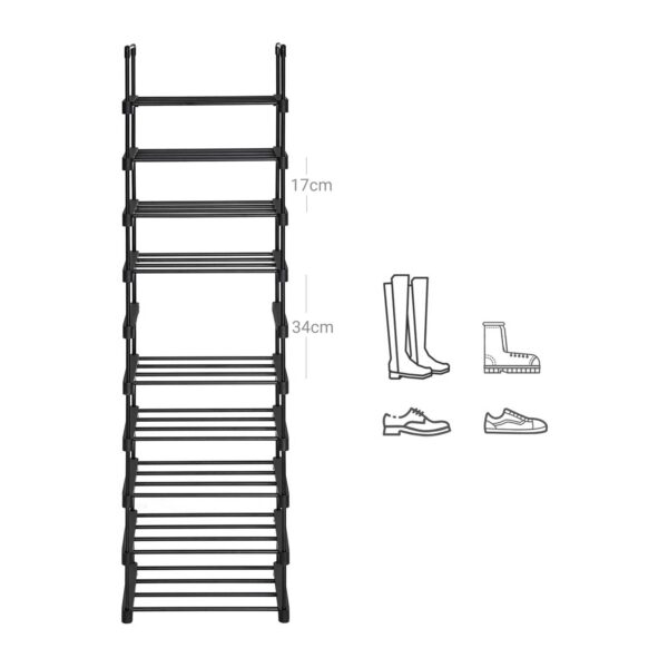 Sapateira, Organizador de sapatos de metal com 10 níveis, Design personalizável, Estrutura de metal, Prateleira que economiza espaço, para vestiário, Corredor, 30 x 45 x 174 cm, Preto LSA25BK - Image 8