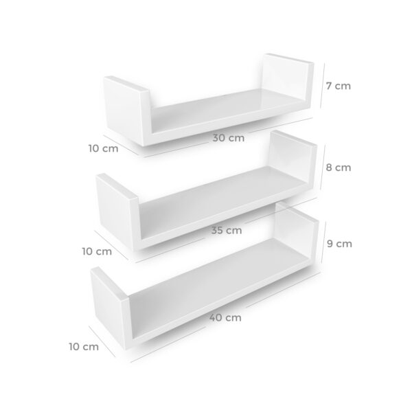 Conjunto de 3 prateleiras de parede modernas, prateleiras de armazenamento flutuantes em MDF com acabamento de alto brilho e montagem invisível, branco LWS40WT - Image 7