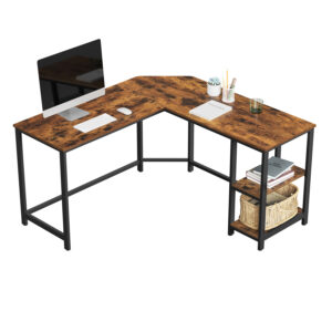 Mesa de computador VASAGLE, mesa de canto em forma de L, estação de trabalho com prateleiras para escritório em casa, economia de espaço, fácil de montar, industrial, marrom rústico e preto LWD72X